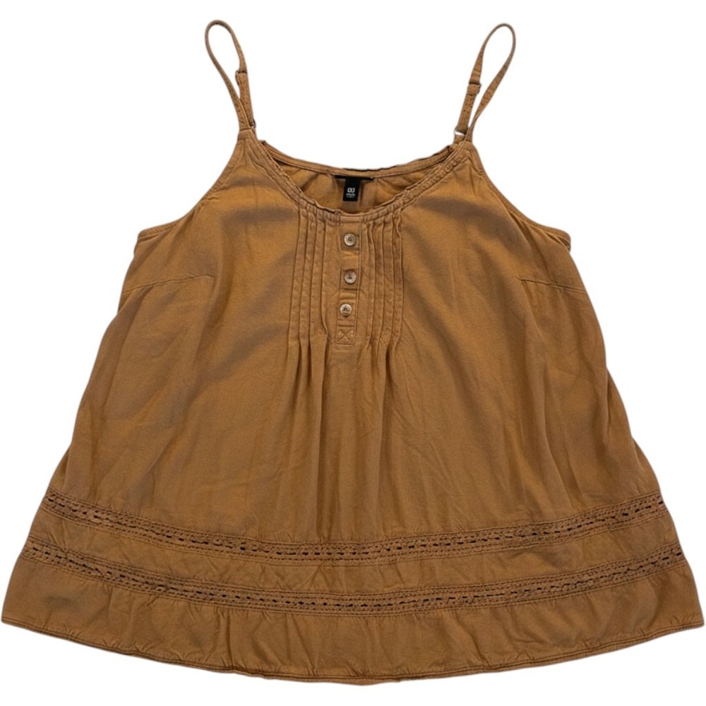 Torrid Womens 00 Brown Linen Blend Pintuck Eyelet Lace Henley Cami Tank Top